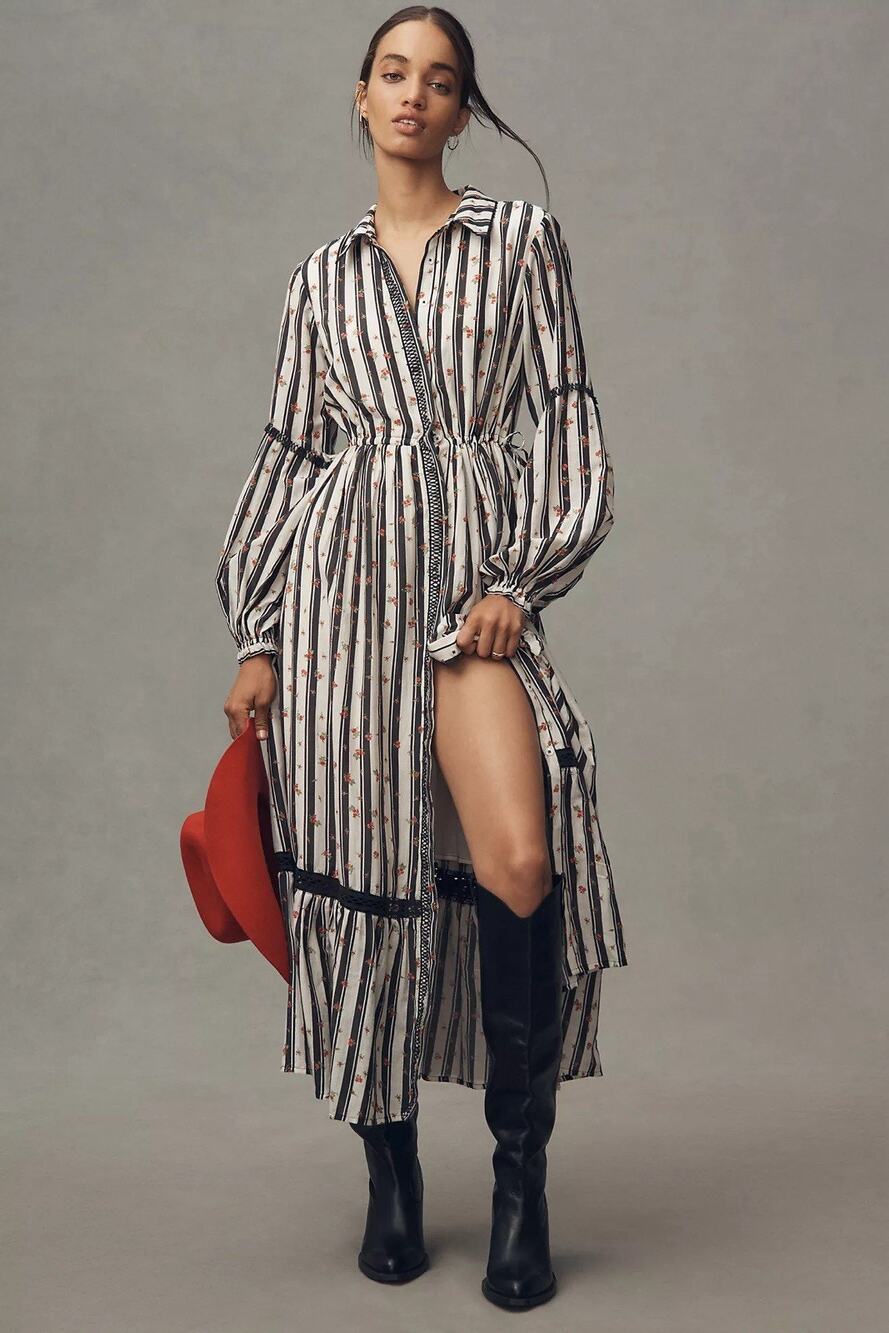 NWT Anthropologie Eleanora Cotton Silk Floral Stripe Midi Dress Small $258